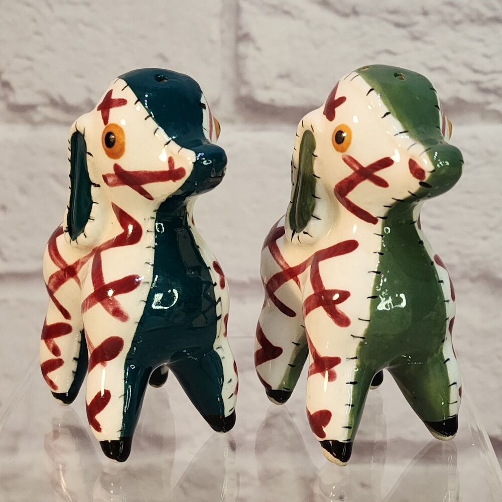 VTG Napco Japan Stitched Patchwork Puppy Dog Salt Pepper Cork Stoppers 3.5" Gift